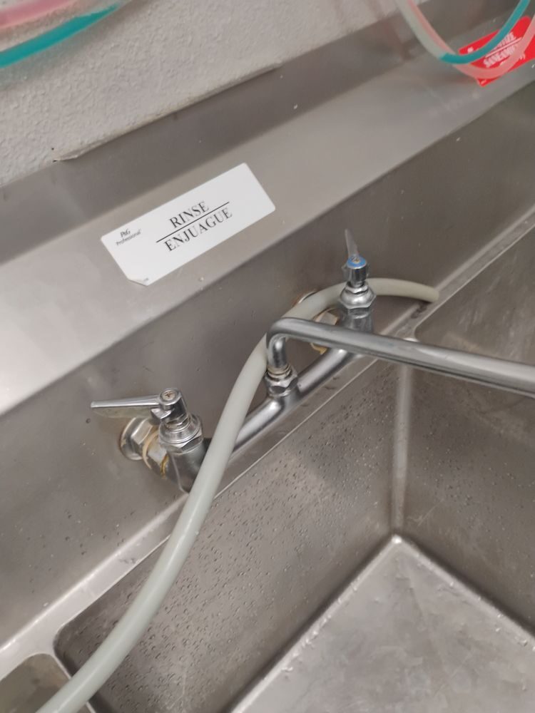 A stainless steel commercial kitchen sink fitted with a pre-rinse sprayer hose.