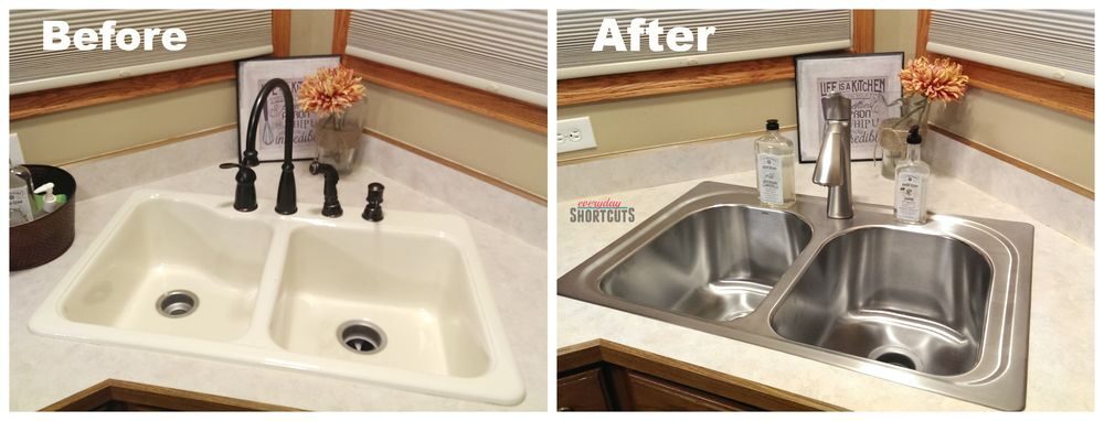 Side-by-side before and after photos of a kitchen sink replacement: a worn double basin sink replaced with a new stainless steel sink.